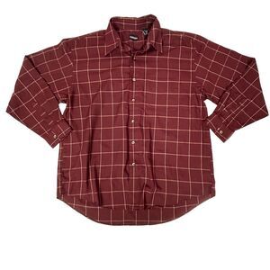 Van Heusen Mens Large Burgandy Plaid Button Up Shirt Long Sleeve 16 - 16.5